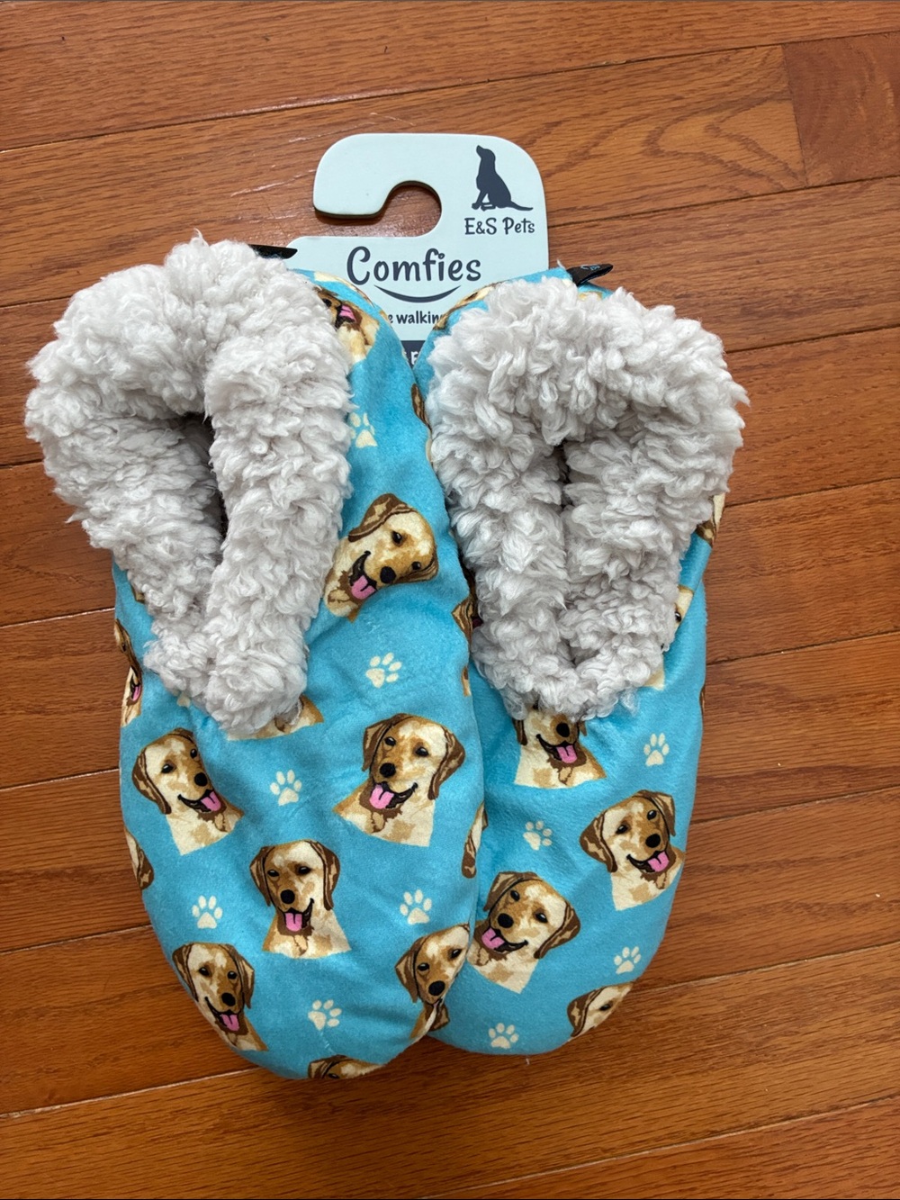 Comfies Blue Dog-Print Plush Slippers - Yellow Lab